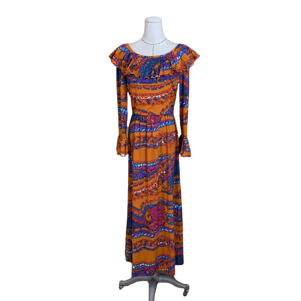 Vintage 60s 70s Dynasty Bright Psychedelic Print Poly Hostess Ruffle Max…